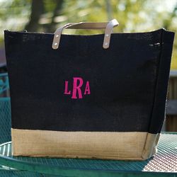Lady's Personalized Monogram Black Burlap Tote Bag