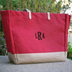 Monogram Red Burlap Tote Bag
