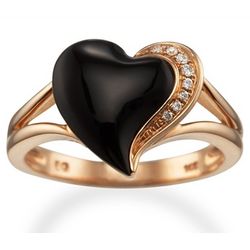 14k Rose Gold Ring with a Diamond and Black Onyx Heart