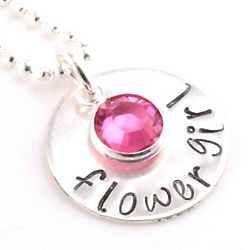 Flower Girl Hand Stamped Necklace with Crystal Charm
