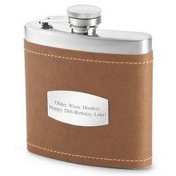 Engraved Stainless Steel and Faux Camel Leather Flask
