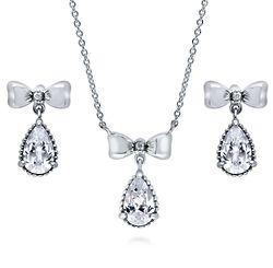 Sterling Silver and Cubic Zirconia Bow Tie Necklace and Earrings