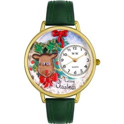 Christmas Reindeer Hunter Green Leather Band Watch
