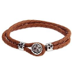 Sterling Silver and Leather Brown Lotus Flower Bracelet