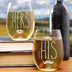 Engraved His & Hers Stemless Wine Glasses