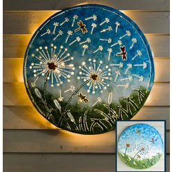Lighted Dandelions & Dragonflies Recycled Oil Drum Lid Wall Art
