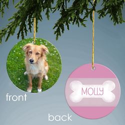 Custom Photo Ornament with Pink Dog Bone Design