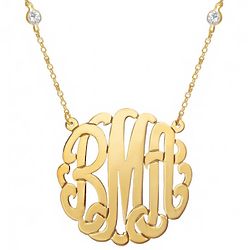 Gold Script Monogram Necklace with CZ Studded Chain