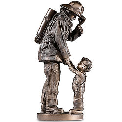 Firefighter and Child Gentle Courage Cold Cast Bronze Sculpture