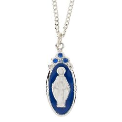 Sterling Miraculous Medal Necklace with Jeweled Border