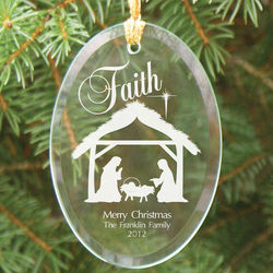 Engraved Nativity Oval Glass Ornament