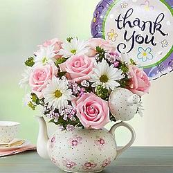 Teapot Full of Blooms with Thank You Balloon