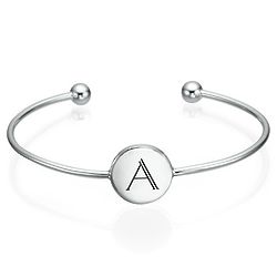 Adjustable Silver Bangle Bracelet with Personalized Initial