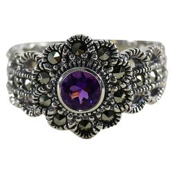 Glistening Daisy Amethyst and Marcasite Cocktail Ring