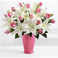 Deluxe Mother's Day Bouquet with Pink Vase and Chocolates