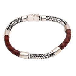 Men's Stay Strong Sterling Silver and Leather Wristband in Brown