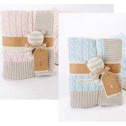 Classic Cable Knit Blanket with Teddy Bear Rattle