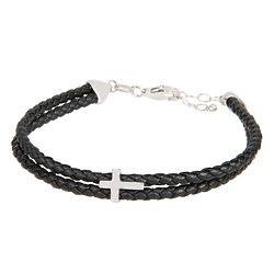 Sterling Silver Sideways Cross Double Leather Strand Bracelet