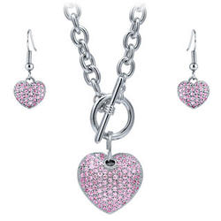 Pink CZ Heart Earrings and Necklace Set