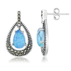 Lab-Created Blue Opal and Marcasite Teardrop Earrings in Silver