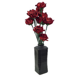Dozen Red Paper Roses in a Black Ceramic Vase