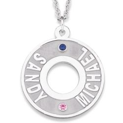 Sterling Silver Couples Name and Birthstone Disc Necklace