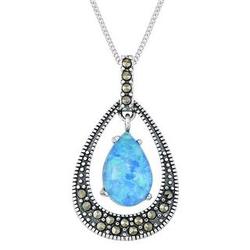 Lab-Created Blue Opal and Marcasite Teardrop Pendant in Silver