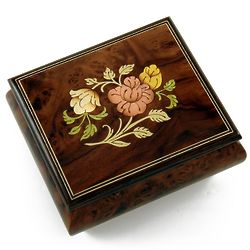 Musical Jewelry Box with Floral Wood Inlay and Glossy Finish