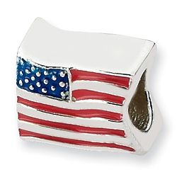 European Style Enamel American Flag Bead in Sterling Silver