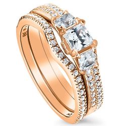Rose Gold Over Silver CZ 3-Stone V Shaped Engagement Ring Set