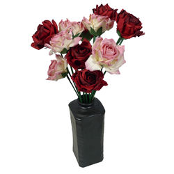 Dozen Red and Pink Paper Roses in a Black Ceramic Vase
