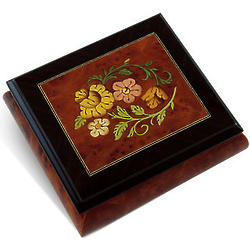 Radiant Floral Wood Inlay Music Box with Rosewood Border