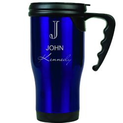 Personalized Name & Monogram Blue Travel Coffee Mug with Handle