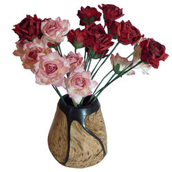 Two Dozen Red and Pink Paper Roses in Carved Wood Vase