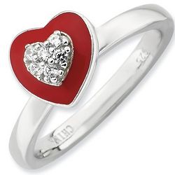Sterling Silver Red Enamel and CZ Heart Stack Ring