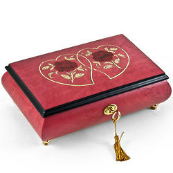 Radiant Double Hearts and Red Rose Raspberry Musical Jewelry Box