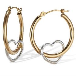 14k Two Tone Hoop Earrings With White Gold Hearts
