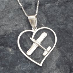Silver Airplane Heart Pendant Necklace