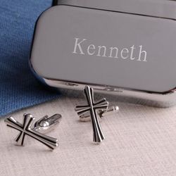 Silver-Tone Cross Cufflinks with Personalized Case
