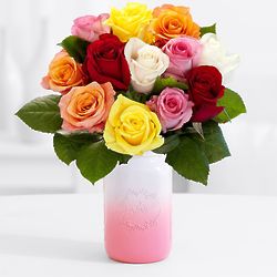 12 Rainbow Mother's Day Roses with Pink Mason Jar and Chocolates
