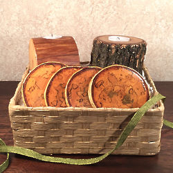 Wood Candles and Coasters in Wicker Basket