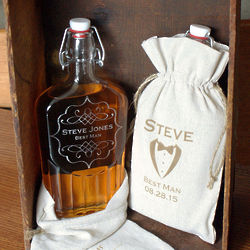 Vintage Glass Groomsmen Flask in Burlap Bag