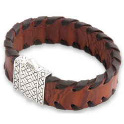 Men's Weaver Sterling Silver and Leather Wristband Bracelet