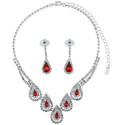 Silver Tone Red Rhinestone Necklace and Earrings