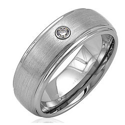 Cubic Zirconia Accented Tungsten Brushed Comfort Fit Band Ring