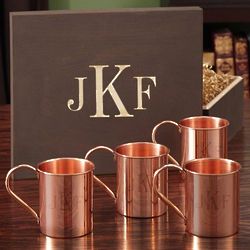 Monogrammed Copper Mug Set with Wood Gift Box