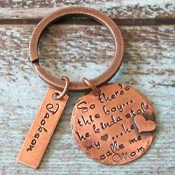 Mom's My Son Stole My Heart Personalized Copper Keychain