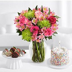 Birthday Frills Bouquet with 6 Fancy Strawberries & Birthday Cake