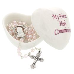 Girl's Porcelain First Communion Rosary Box and Rosary