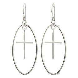Sterling Silver Oval Dangling Cross Earrings
